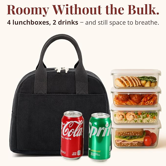 Insulated Black Lunch Bag for Men Women, Stylish Corduroy Tote with Aluminum Lining, Large Capacity Reusable Cooler for Work, Travel, Beach or Picnic, Soft Black Water-Resistant Lunch Box