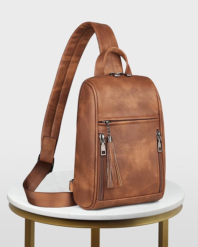 FADEON Sling Bag for Women, Crossbody Purse with Tassels, Designer Leather Shoulder Chest Bags for Travel