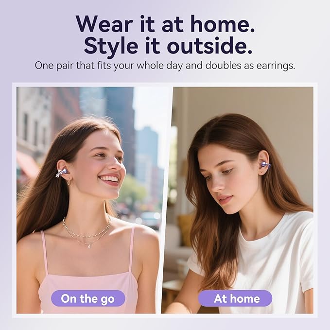 Kinglucky ClipFree Open-Ear Headphones, Butterfly-Inspired Ear-Cuff Design, Stylish & Comfortable Clip-On Ear Buds, Wireless Earbuds for Women, Long Battery Life, Great for Gifting - Purple
