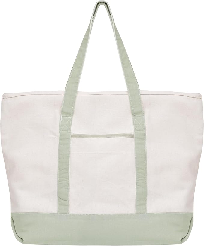 Sage Green Canvas Tote Bag - 22 Inch, Zipper Top, Exterior Pocket, 100% Cotton Tote Bag for Shopping, Picnic or Grocery - Premium Quality, Washable, Foldable, Sturdy Cotton Bag (Sage Green)