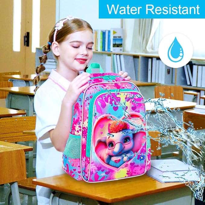 16" Girls Backpack, 3Pcs Elephant School Bookbag with Lunch Box, Kids Backpacks for Elementary Preschool Kindergarten(Pink)