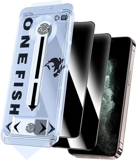 OneFish Privacy Screen Protector for iphone 11 Pro Max/Xs Max, Anti-Spy Tempered Glass Private,Edge Protection Screen Protector with Installation Frame,9H Glass Scratch Resistant, 2 Packs.