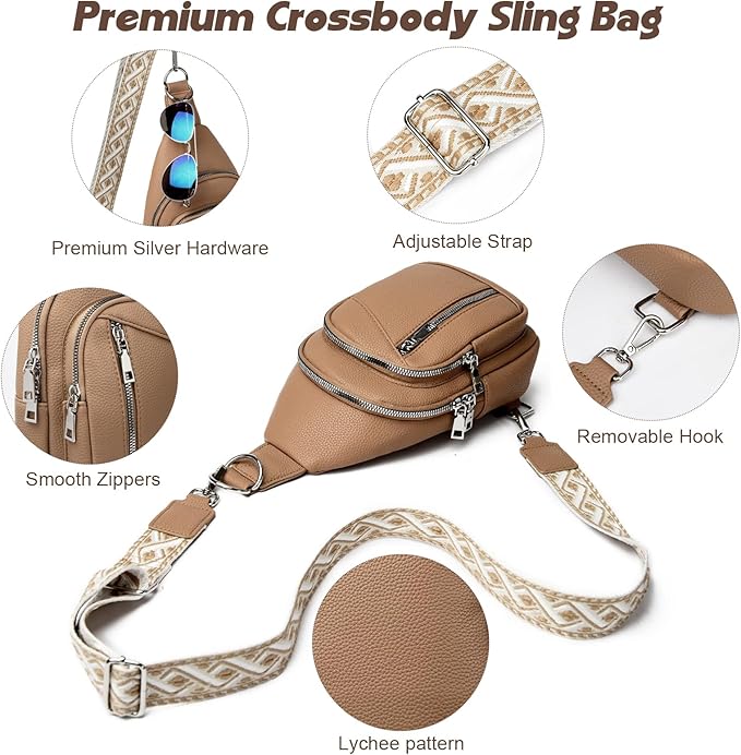 Sling Bag Crossbody Backpack - 2 in 1 Leather Cross Body Bag Fanny Pack with 2 Removable Straps