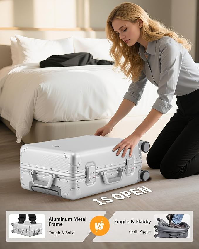 YYW Full Aluminum Carry On Luggage - Airline Approved Suitcase with TSA Lock Hardside Lightweight Suitcase and Silent Wheels Ideal for Business Travel