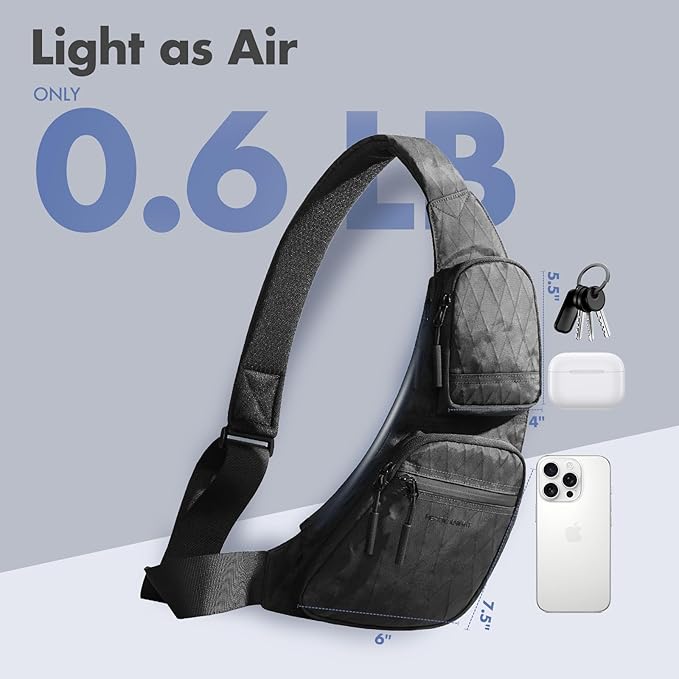 hk Sling Bag for Men with 3‑Layer Sailcloth‑Inspired Performance Fabric, Lightweight Waterproof Sling Bag for Men with Tablet Compartment, Crossbody Bag for men, Commuting, Black