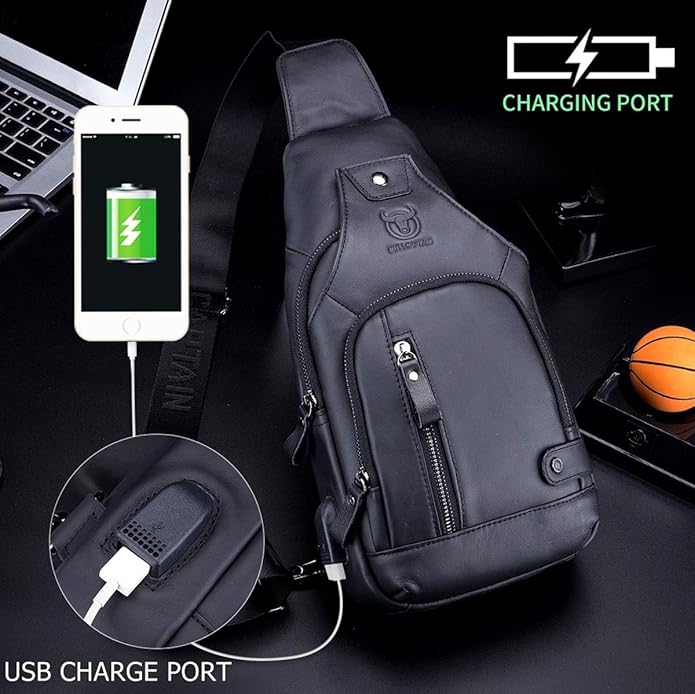 BULLCAPTAIN Men Sling Crossbody Bag with USB Charging Port Genuine Leather Shoulder Chest Bag Travel Hiking Backpack (Black)