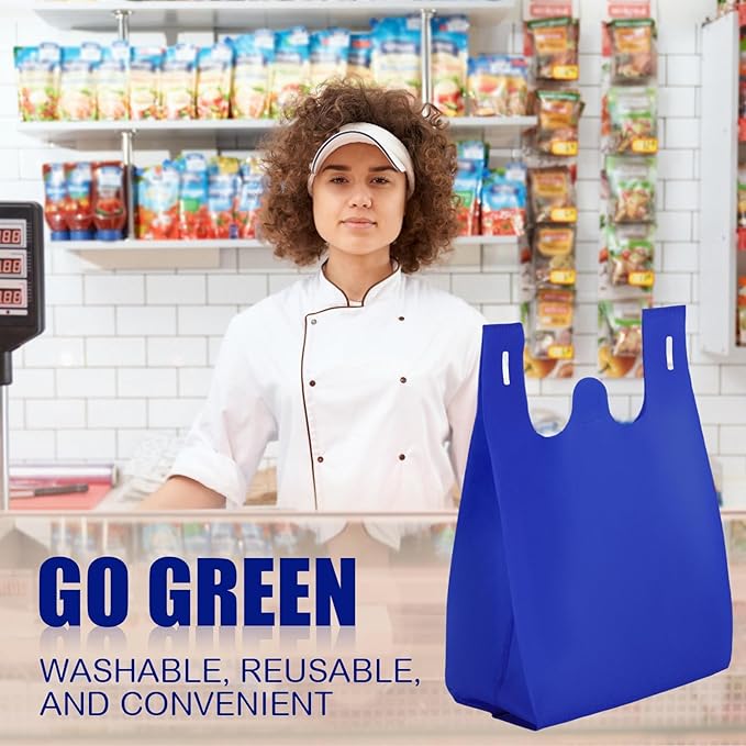 Windyun Large Grocery T-shirt Bags Bulk Reusable Non Woven Shopping Bag Foldable Gift Tote with Handle, 21x11x6 Inch