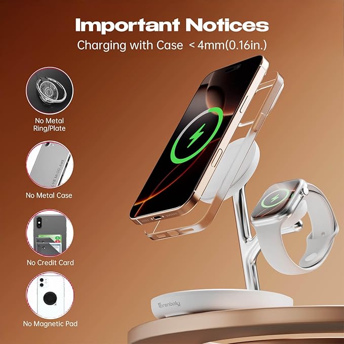 3 in 1 Wireless Charging Station for Multiple Devices Apple Magsafe Charger Stand, Fast Magnetic Mag-Safe Wireless Charger Dock for iPhone 16 15 14 13 12 Series Watch Airpods NigntStand Charging Dock
