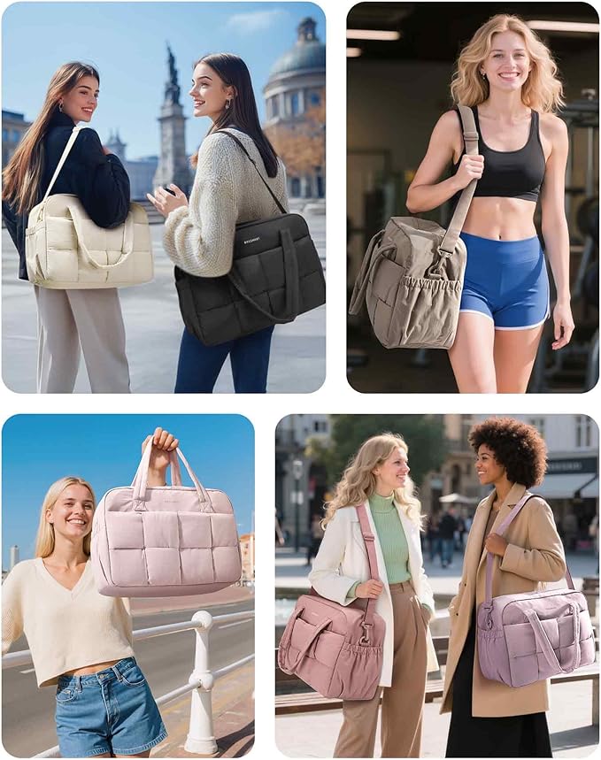 BAGSMART Gym Bag for Women, 24L Puffer Travel Duffle Bag for Travel with Laptop Compartment, Weekender Bags for Women, Carry On Duffel Bag Personal Item Bag, Baby Pink