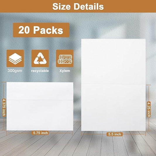 Blank White Greeting Cards and Envelopes 4.25 x 5.5 Heavyweight Folded Cardstock and A2 Envelopes Printable Self Seal 20 Packs for Wedding Invitations, Graduations, Thank You Cards, Mailing