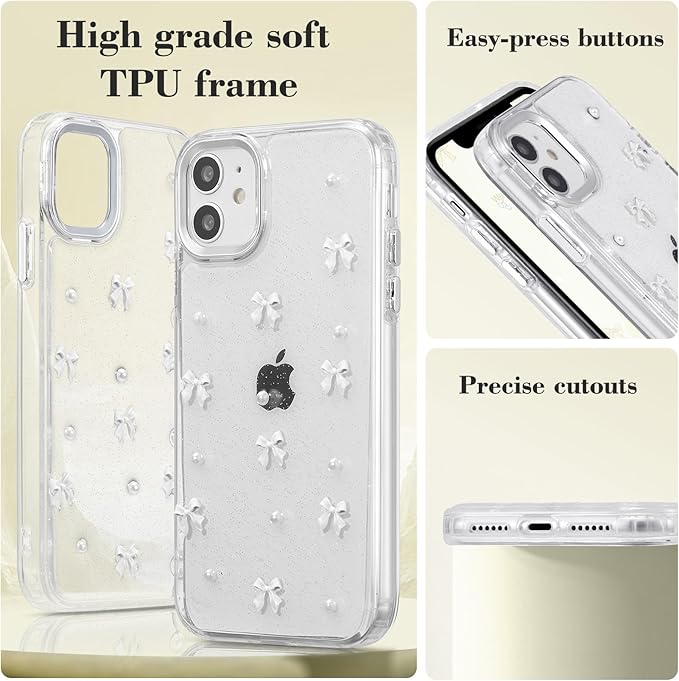 EYZUTAK Case for iPhone 11, Bling Glitter 3D Bowknot Phone Case Cute Sparkly Crystal Clear Bow Aesthetic Design Case Slim Soft Durable TPU Transparent Protective Cover for Women Girl - White Bow
