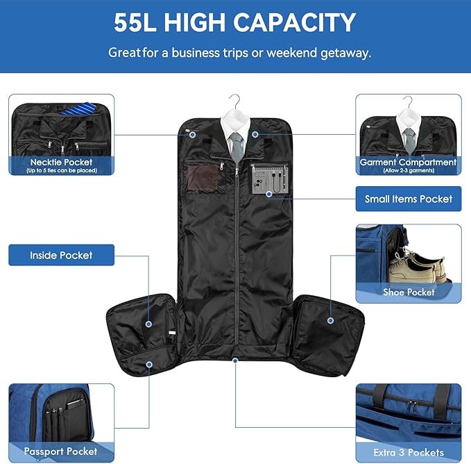 Bukere Garment Duffle Bags for Travel, Convertible Carry on Bag with Shoe Compartment, 3 in 1 Travel Suit Bag with Backpack Shoulder Strap for Men Women