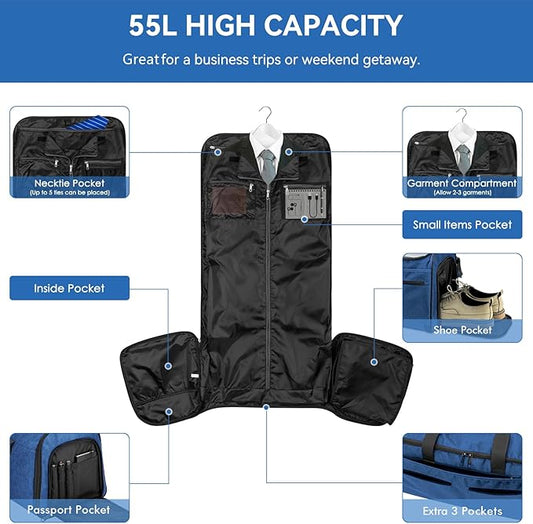 Bukere Garment Duffle Bags for Travel, Convertible Carry on Bag with Shoe Compartment, 3 in 1 Travel Suit Bag with Backpack Shoulder Strap for Men Women