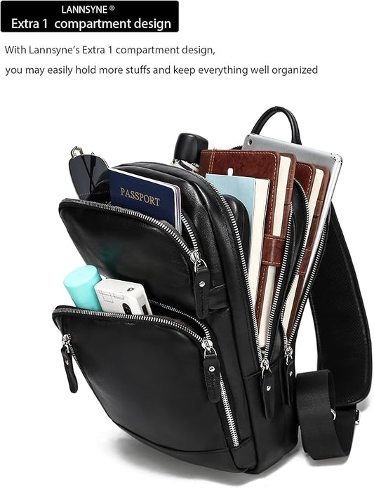 LANNSYNE Full Grain Leather Sling Bag For Men, Crossbody Bag fits 12.9" iPad Crossbody Chest Daypack