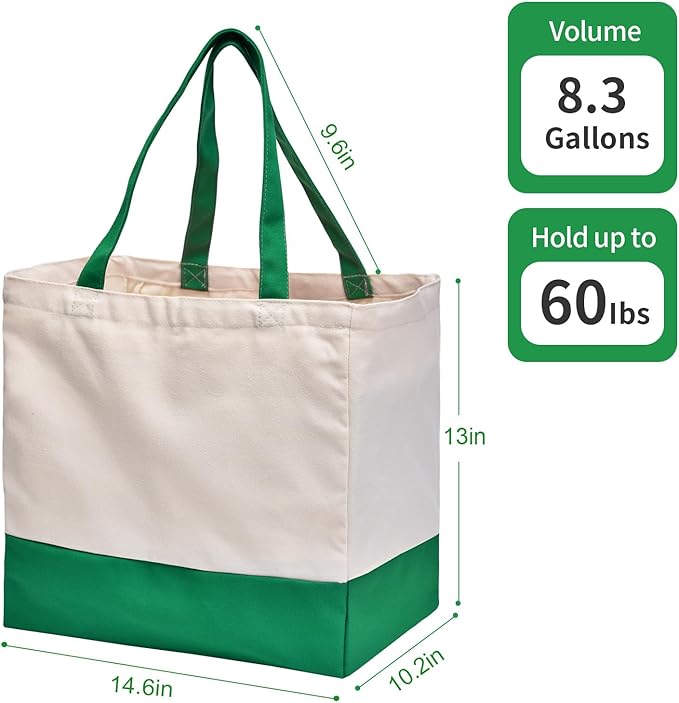 Canvas Reusable Grocery Bags, Heavy Duty 8.3 gal Foldable Large Canvas Tote Bag, Holds 60 lbs, 1 Pack