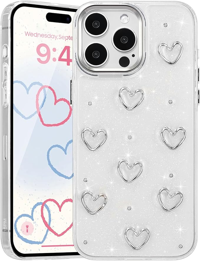 EYZUTAK Case for iPhone 15 Pro Max, Bling Glitter 3D Hearts Phone Case Cute Sparkly Crystal Clear Heart Aesthetic Design Case Slim Soft Durable TPU Transparent Protective Cover for Women Girls - Heart