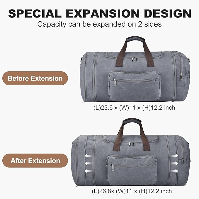 Felipe Varela 60L Duffle Bag for Men, Large Expandable Canvas Duffel Bag for Travel, Mens Carry On Luggage Bag Traveling Weekender Gym Overnight Bags for Airplanes, Grey