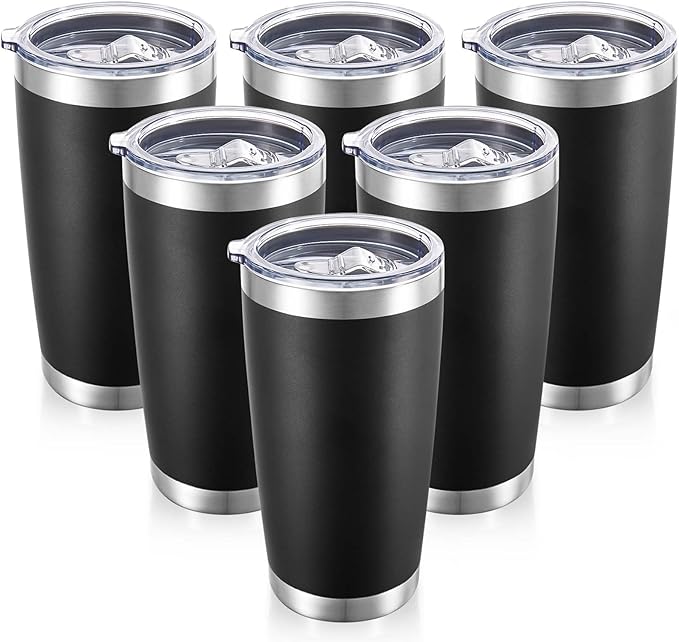 20 oz Tumblers Bulk Stainless Steel Tumbler with Lid Double Wall Vacuum Insulated Coffee Mug 20oz Powder Coated Cup for Hot and Cold Drinks, Black, 6 pack