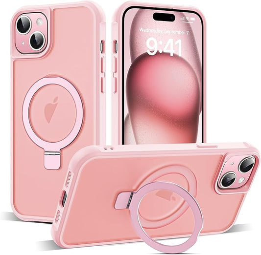 Compatible with iPhone 15 Case with Invisible Magnetic O-Ring Stand Military-Grade Translucent Case for iPhone 15 6.1" [Compatible with Mag-Safe][Great Grip Feeling], Pink