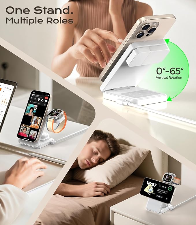 3 in 1 Magnetic Charging Station, 15W Fast Wireless Charger Compatible with MagSafe Charger Stand for iPhone 17 16 15 14 13 12, Apple Watch Charger & AirPods, Foldable Travel Charging Dock, White