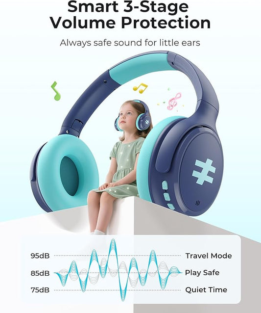 seenda Kids Wireless Active Noise Cancelling Headphones, 60H Playtime, Safe Volume (74/85/94dB), Bluetooth 5.4, Type-C Foldable Headphones with Mic for School, iPad, Airplane, Travel, Blue