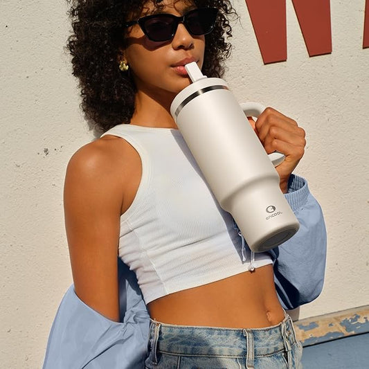 40 oz Tumbler with Handle and Straw: Stainless Steel Insulated Tumbler Keeps Cold for 24 Hours, Leakproof Travel Cup Fits in Cup Holder and BPA-Free, Cream Moon