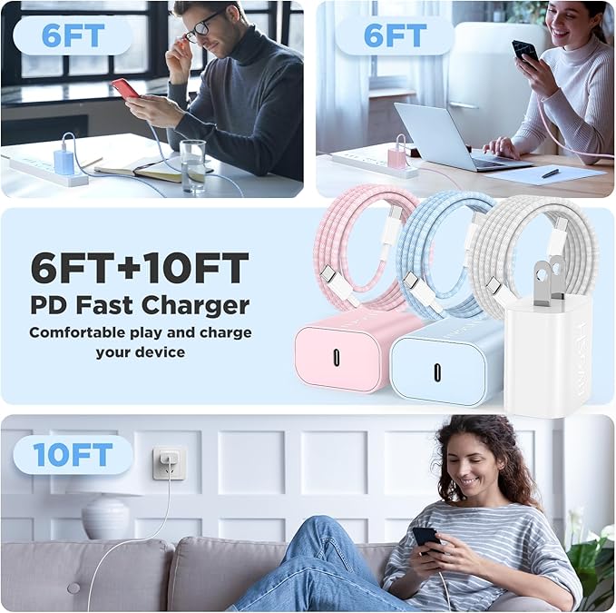 3Pack 20W USB C Wall Charger Block, USB C Charging Adapter,Super Fast Charging Power Plug Cub for iPhone 16/15,i-Pad Pro,Galaxy S25,and More-White+Pink