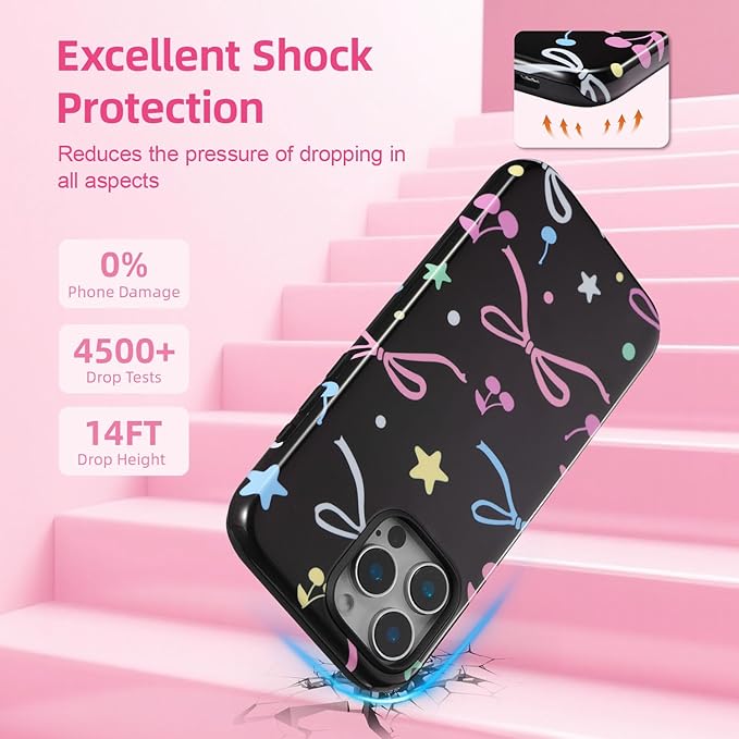 QLTYPRI Case for iPhone 16 Pro Max, Aesthetic Colorful Bow Cherry Stars Phone Case for Girls Women, Protective Hybrid 2-Layer Hard Shell Silicone Cover Durable Shockproof Phone Cover - Black
