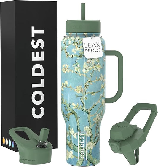 Coldest Tumbler with Handle and Straw, 100% Spill Proof Tumbler with Straw (3 Lids), Stainless Steel Insulated Leakproof Tumblers for Women Men, Cup Holder Friendly, 46 oz (Almond Blossom)