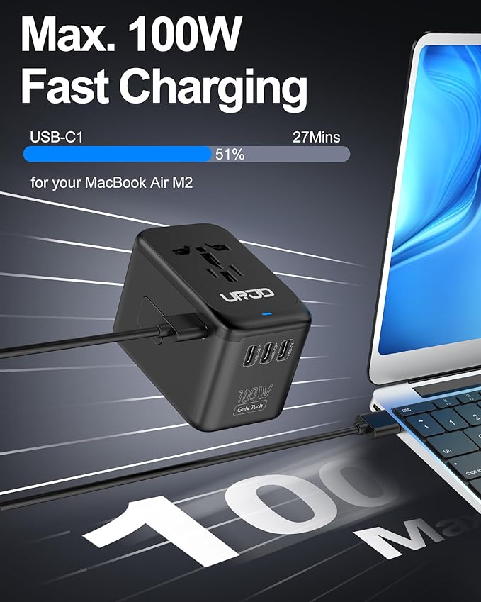 Universal Travel Adapter 100W GaN Fast Charger in One, 4 USB C & 1 USB A & AC Outlet, International Power Plug Adapter with EU UK US AUS Plugs for 180+ Countries