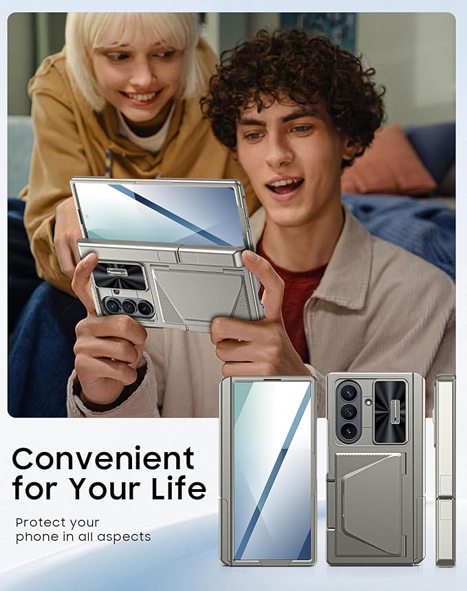 for Samsung Galaxy Z Fold 7 Case with Card Holder RFID Blocking, Built in Slide Lens Cover & Hinge Protection & Kickstand & Screen Protector, Shockproof Wallet Case for Z Fold 7 (Titanium Gold)