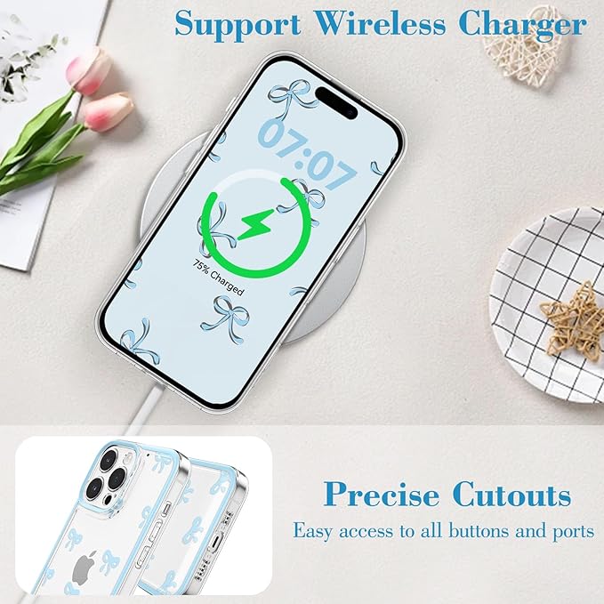 EYZUTAK Case for iPhone 17 Pro Max, Clear Cute Ribbon Bowknot Pattern Aesthetic Transparent Phone Case Raised Camera Protection Stylish Slim Soft Durable TPU Protective Cover for Women Girls - Blue