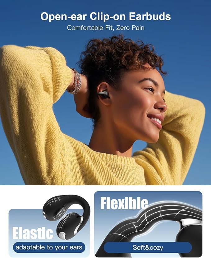 Open Ear Earbuds Bluetooth 5.4 True Wireless Clip On Earbuds Lightweight Comfort Bone Conduction Headphones Built-in Mic for Clear Audio Waterproof Stable Fit for Outdoor Sports Black