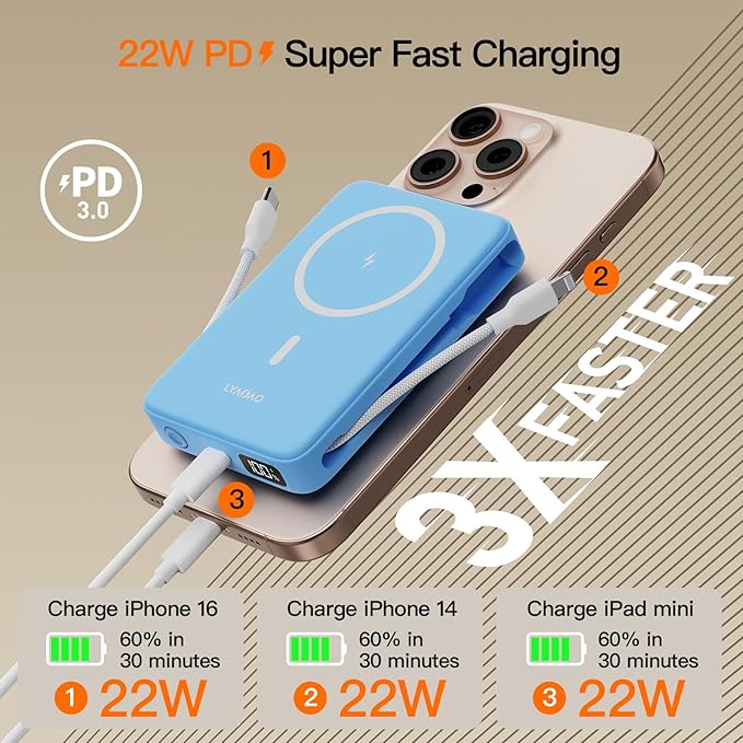 2025 Magnetic Battery Pack 16800mAh Mobile Power Bank, Portable Charger with Foldable Stand and Built-in Cable, 20W USB-C Fast Charging, Suitable for iPhone 17/16/15/14/13/12 Series