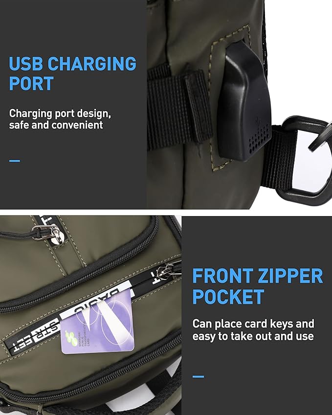 Small Sling Crossbody Backpack Shoulder Bag for Men, Lightweight One Strap Backpack Sling BacK pack for Hiking Walking Biking Travel Cycling USB Charger Port-Nylon (Olive Green)