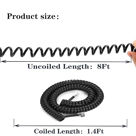 Phone Cord Landline8Ft Uncoiled / 1.4Ft Coiled Landline Phone Handset Cable RJ9 4P4C Telephone Accessory- Black (20pack)