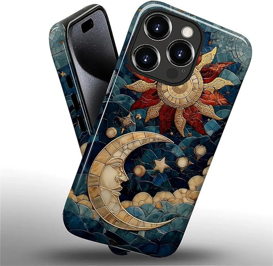 Case for iPhone 15 Pro Case,Sun Moon Stars Faux Stained Glass Design - Hybrid Dual Protection Silicone + Hard PC Shockproof Full Body Cover Slim Anti-Scratch Protective Case for Men Women