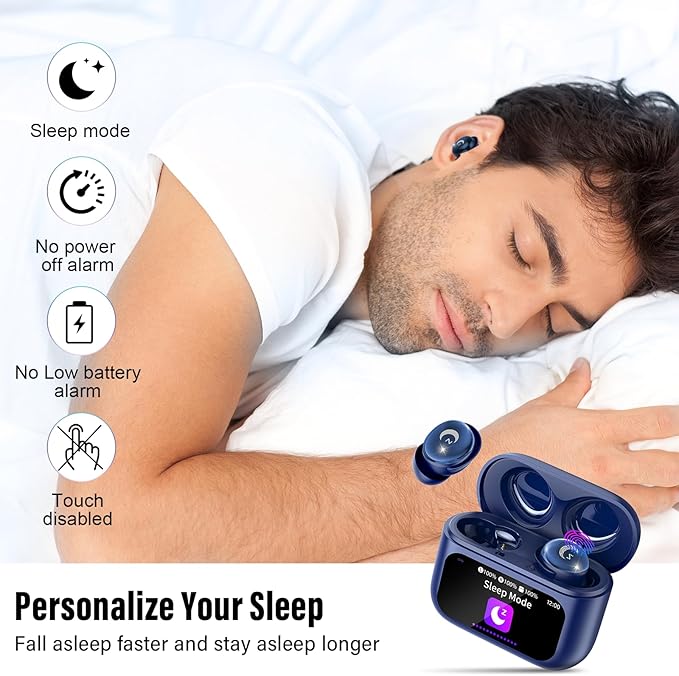 Sleep Earbuds Bluetooth 5.4 in Ear Smart Touch Screen Ear Buds, 48H Playtime Mini Sleep Headphones Small Design for Side Sleepers, Crystal-Clear Calls, 5 EQ Modes, IPX7 Waterproof Earphones Blue