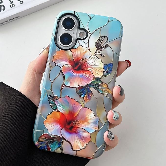 QLTYPRI Flower Case for iPhone 16, Aesthetic Cute Floral Phone Case for Girls Women, Protective Hybrid 2-Layer Hard Shell Silicone Cover Durable Shockproof Phone Cover - Vibrant Hibiscus