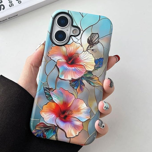 QLTYPRI Flower Case for iPhone 16, Aesthetic Cute Floral Phone Case for Girls Women, Protective Hybrid 2-Layer Hard Shell Silicone Cover Durable Shockproof Phone Cover - Vibrant Hibiscus
