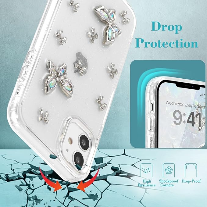 EYZUTAK Case for iPhone 11, Bling Glitter 3D Butterflies Bowknot Phone Case Cute Crystal Clear Bow Aesthetic Case Slim Soft Durable TPU Transparent Protective Cover for Women Girls - Butterfly