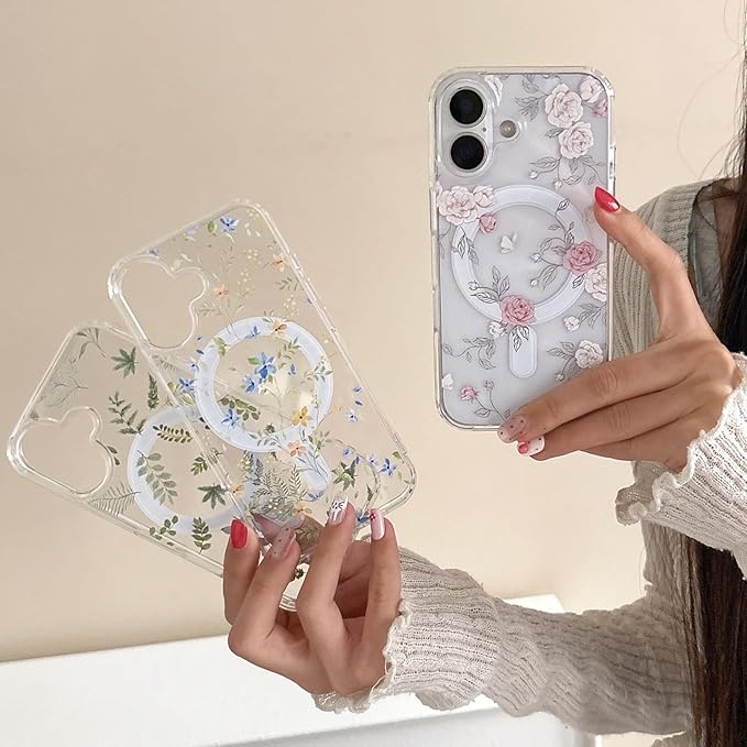ZTOFERA for iPhone 17 Magnetic Case Compatible with Magsafe,Aesthetic Floral Pattern Design Cute for Girl Women,Anti-Drop Protective Hard Phone Cover for iPhone 17-Blue Flower