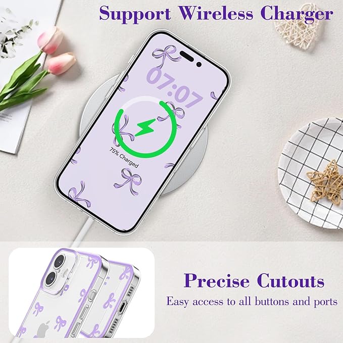 EYZUTAK Case for iPhone 16, Clear Cute Ribbon Bowknot Pattern Aesthetic Transparent Phone Case Raised Camera Protection Stylish Slim Soft Durable TPU Protective Cover for Women Girls - Purple