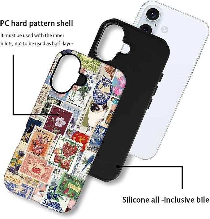 Case for iPhone 16,Vintage Stamp Collage for Woman Men Full Body Protective Cover Shockproof 2 in 1 Silicone + Hard PC Case for iPhone 16