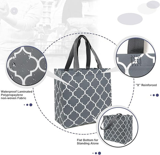 BeeGreen 6-Pack Foldable Reusable Grocery Bags – Large Cloth Tote Bag with Handles, Bulk Shopping- Bags in Geometric Design, Shopping Baskets, Utility Reusable Gift for Groceries