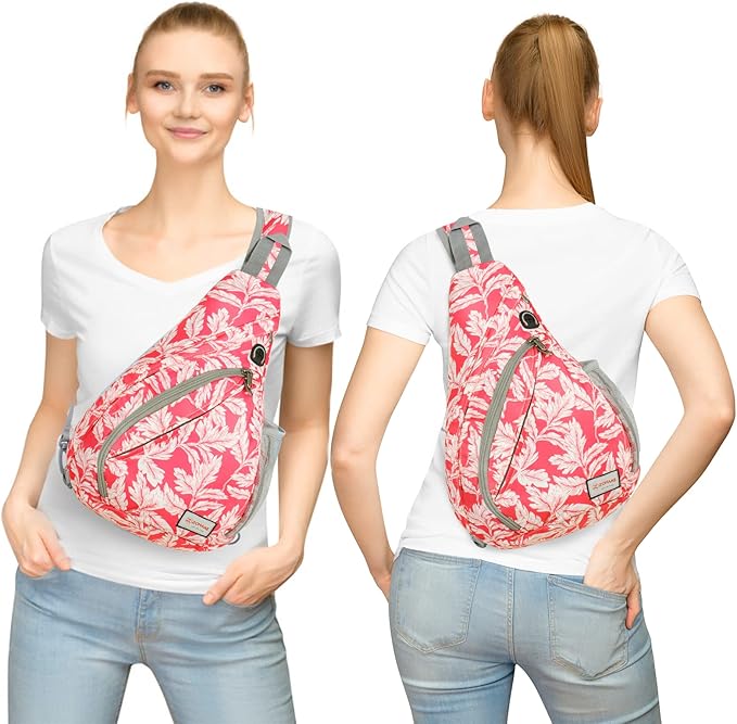 ZOMAKE Sling Bag,Small Crossbody Sling Backpack,Water Resistant Shoulder Daypack for Travel,Anti Thief Chest Bag for Hiking(Fushcia White Leaf)
