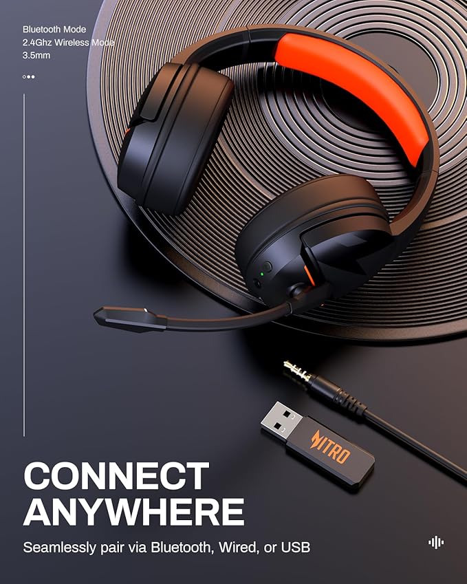 acer Wireless Gaming Headset, PS5 Headset with 2.4GHz for Ps5, Ps4, PC, Switch, Bluetooth 5.3 + 100Hrs Gaming Headphones with Noise Canceling Mic for Laptop, Mobile, Mac, 50mm Drivers (Orange)