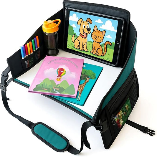 Kids Travel Tray for Car Seat – Teal – The Essential Travel Lap Desk with Removable Tablet Holder, Built-In Storage, and Stabilized Panels, Must Have Car Tray for Kids on Road Trips