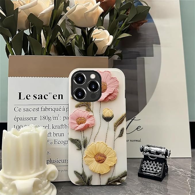 Case for iPhone 13 Pro Max Case,Faux Embroidery Boho Floral Design - Hybrid Dual Protection Silicone + Hard PC Shockproof Full Body Cover Slim Anti-Scratch Protective Case for Men Women