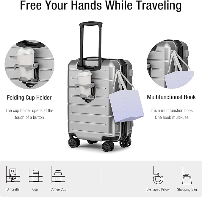 KYME Hardside Expandable Carry On Luggage 22x14x9 Airline Approved 20 Inch Hardshell Carry On Suitcase with Wheels TSA Lock Small Travel Rolling Luggage with Cup Holder for Women Men Silver